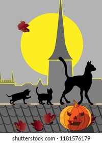 Halloween card. Image of cats and pumpkins against the night city and the moon.