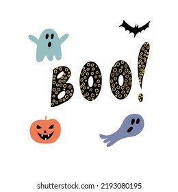 Halloween card with the inscription "Boo!" and four elements including ghosts, a bat and  a jack-o'-lantern. Flat vector illustration, hand drawn design.