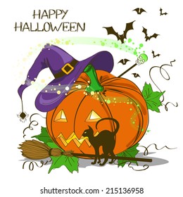 Halloween card or invitation with Jack O Lantern pumpkin , witch hat, cat, broom and magic wand