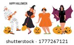 Halloween card and invitation.  Set of people in fancy dress. Witch, mummy, bat and pumpkin dancing on party of 31 october.  Vector illustration in flat style. 