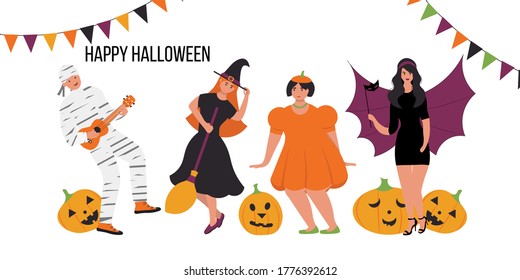 Halloween card and invitation.  Set of people in fancy dress. Witch, mummy, bat and pumpkin dancing on party of 31 october.  Vector illustration in flat style. 