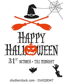 Halloween card invitation. Simple and minimal design. Two crossed broomsticks and with hat.
