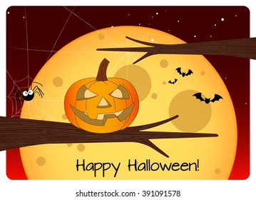 halloween card, jack-o-lantern against full moon during halloween's night