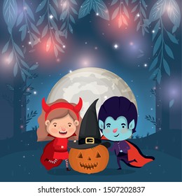 halloween card with kids costumed in the dark night scene