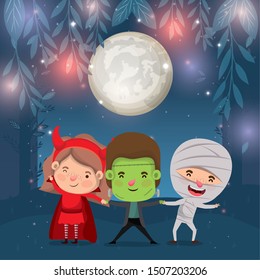 halloween card with kids costumed in the dark night scene
