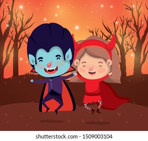 halloween card with kids costumed in dark night scene
