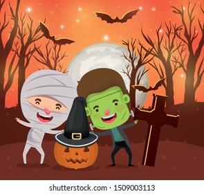 halloween card with kids costumed in dark cemetery scene