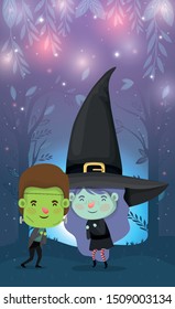 halloween card with kids costumed in dark night scene