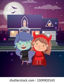 halloween card with kids costumed in neighborhood