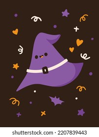 Halloween card for kids nursery party. Cute print, poster with little cute witch hat. Baby shower card. For kids room decoration, poster, prints, flyer, banner