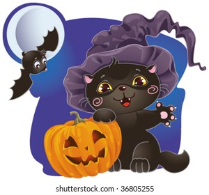 Halloween card with  kitten and pumpkin