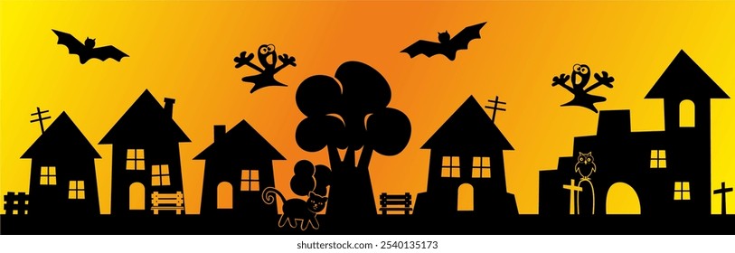 Tarjeta de Halloween, paisaje, grupo de casas, ruina, murciélagos voladores, fantasmas, lápida y búho, gato, Ilustración vectorial