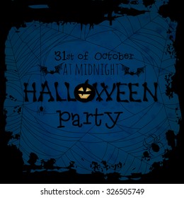 Halloween card with lettering, grunge frame, spiders and spider nets and background with  old paper texture. Vector illustration contains gradient meshes.