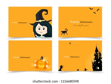 Halloween card lettering invitation greeting, happy party banner collection, cartoon flat design for kids vector illustration