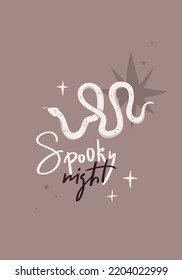 Halloween card with lettering Spooky night. White snake. Flat vector illustration, contemporary art