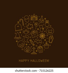 Halloween card of line icons. Outline symbol collections in gold color on brown background.