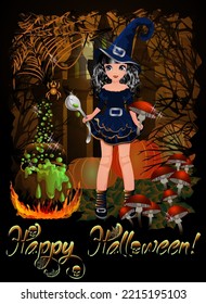 Halloween card, Little cute witch with spoon, amanita cooks a potion, vector illustration