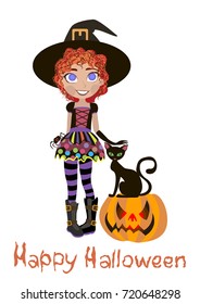Halloween card. Little witch. Black cat on the pumpkin