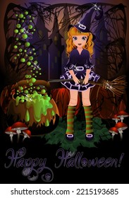 Halloween card, Little witch with broom and potion, vector illustration