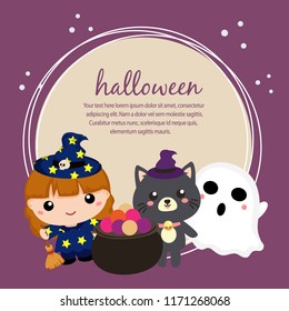 halloween card with lovable kids and cat