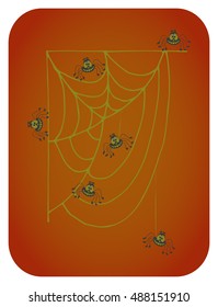 Halloween card with many spiders on web