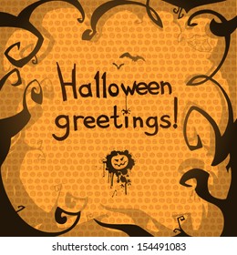 Halloween card with message "Halloween greetings!". Vector template