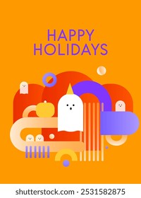 Tarjeta de Halloween en diseño minimalista. Formas de colores y fantasmas sobre un fondo naranja. Tarjeta de Días festivos feliz.