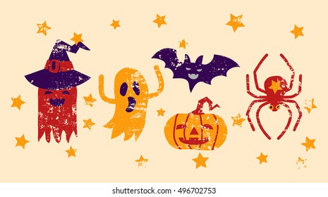 Halloween Card with monsters, ghosts, spider, pumpkin and bat 