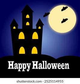Halloween card with a mystical castle and bats against the background of a full moon