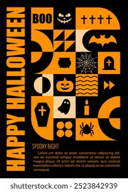 Tarjeta de Halloween. Patrón geométrico neo. Fondo abstracto moderno con Formas simples naranjas, calabazas y fantasmas. Ilustración vectorial en estilo minimalista Bauhaus. Feriado de octubre. Noche espeluznante.