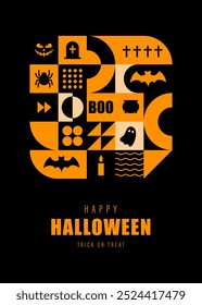 Halloween card. Neo geometric pattern. Modern abstract background with orange simple shapes, pumpkins and ghosts. Vector illustration in bauhaus minimalist style. October holiday. Trick or treat.