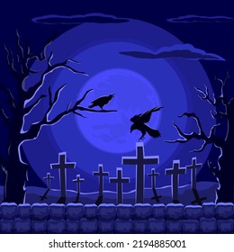 Halloween card. Night cemetery in the light of the moon with scary trees and crows. Flat design, vector art, illustration.