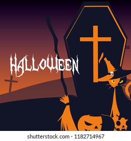halloween card with night cemetery scene