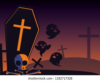 halloween card with night cemetery scene