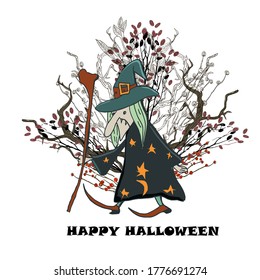 Halloween card. Old witch. Vector illustration.