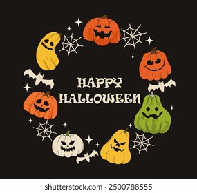 Halloween card on a dark background. Image of pumpkins, bats, cobwebs. Flat vector illustration.