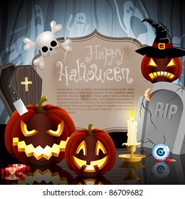 Halloween card on forest background with different objects and place for text. Check my portfolio for raster version.