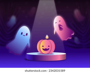 Halloween card  on purple background with pumpkin 