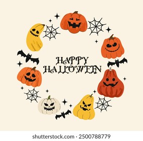 Halloween card on a white background. Image of pumpkins, bats, cobwebs. Flat vector illustration.