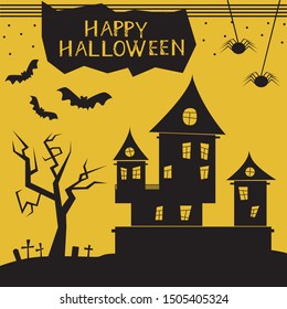 Halloween card on yellow background. Vector ancient castle with bats, a tree without leaves, magils with the dead and spiders