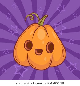 Halloween card with orange cute pumpkin jack o lantern on purple background. Vector illustration