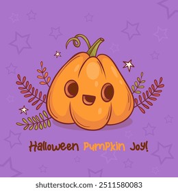 Halloween card. Orange cute pumpkin jack o lantern with autumn leaves on purple background with slogan. Vector illustration.