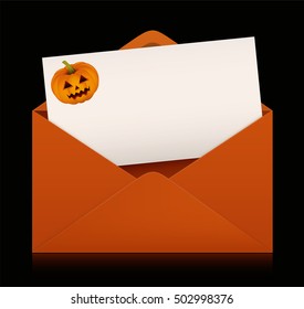 Halloween card with orange envelope. Black background. Vector design.