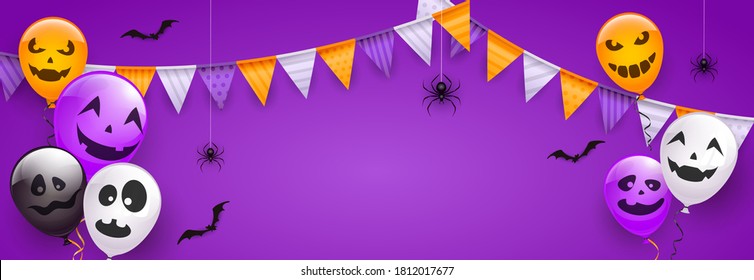 Halloween card with orange, purple, white and black balloons with scary smiles, pennants, spiders and bats on purple background. Illustration for children's holiday design, decoration, card, banner