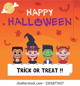 Halloween card with ornaments and kids with different costumes, vampire, witch, frankestein and witch with a trick or treat banner.