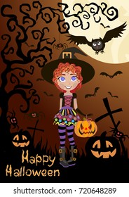 Halloween card. Owl, spiders, pumpkin, little witch
