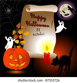 Halloween card with paper scroll, pumpkin, candle and cat. Vector illustration.