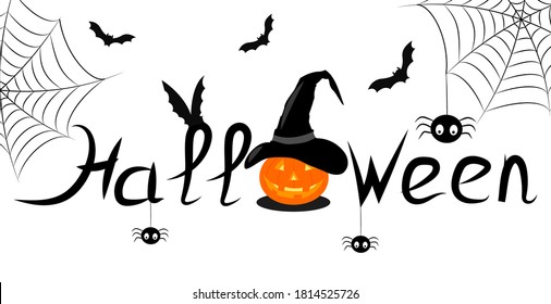 halloween card with parts of monsters: pumpkin, bat, hat, web with spider