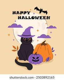 Halloween card with a picture of a cat, pumpkin, bat and moon. Flat vector illustration.