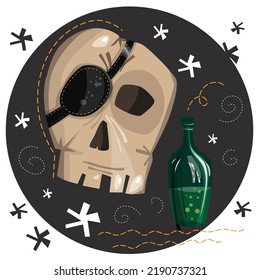 Halloween card. Pirate skull with eye patch and green bottle of rum with spirals, stars and waves on a black background.
